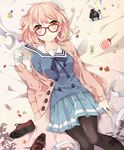  bandages black_legwear blush bob_cut candy cardigan food glasses kuriyama_mirai kyoukai_no_kanata pantyhose pink_hair red-framed_eyewear school_uniform shoes_removed short_hair skirt solo yellow_eyes yeni 