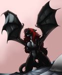 anthro bed black_skin breasts dragon dragon_wings faint female hair long_hair nipples nude pillow pose red_hair scalie seductive shiny solo spread_wings wings 