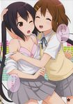  2girls black_hair bra brown_eyes brown_hair female ha-ru hair_clip hair_ornament hairclip highres hirasawa_yui hug k-on! long_hair multiple_girls nakano_azusa open_clothes open_shirt school_uniform shirt skirt twintails underwear undressing wink yuri 