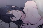  1girl bare_shoulders black_hair breasts cleavage collarbone eyes_closed grey_background hair_between_eyes hair_ornament hairclip haruna_(kantai_collection) highres ieufg jewelry kantai_collection large_breasts lying naked_sheet on_side pillow ring simple_background sleeping wedding_band 