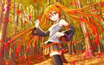  :d aki_miku alternate_hair_color autumn_leaves black_legwear detached_sleeves floating_hair forest hatsune_miku highres leaf long_hair looking_back nature necktie open_mouth orange_eyes orange_hair oshou pleated_skirt skirt smile solo thighhighs tree twintails very_long_hair vocaloid zettai_ryouiki 