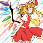  ascot bad_id bad_pixiv_id blonde_hair crystal flandre_scarlet hat hat_ribbon puffy_sleeves red_eyes revision ribbon short_hair short_sleeves side_ponytail smile solo tendo touhou wings 