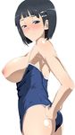 adjusting_clothes adjusting_swimsuit black_hair blush breasts breasts_outside competition_school_swimsuit hair_ornament hairclip kiiro_no_nantoka kirigaya_suguha large_breasts nipples one-piece_swimsuit school_swimsuit simple_background solo swimsuit swimsuit_pull sword_art_online white_background 