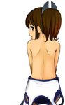  back bare_back blush brown_eyes brown_hair from_behind i-401_(kantai_collection) kantai_collection looking_at_viewer looking_back momo_(higanbana_and_girl) one-piece_swimsuit open_mouth ponytail school_swimsuit short_hair short_ponytail sitting solo swimsuit swimsuit_pull undressing 