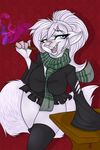  anthro big_breasts blue_eyes breasts fangs feline female fur hair legwear lips long_hair magic mammal open_mouth pink_nose scarf smile solo sparky-corpsee standing stockings teeth thighs unknown_species wand white_fur white_hair wide_hips 