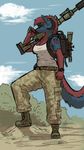  black_nose blue_fur canine demon female fur gun hair horn mammal ranged_weapon red_fur red_hair rifle sligarthetiger sniper soldier solo weapon wolf 