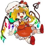  blonde_hair crystal damenaito fang flandre_scarlet hat laevatein open_mouth red_eyes ribbon short_hair side_ponytail smile touhou wings 