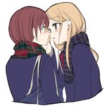 blonde_hair blue_eyes blush brown_hair eye_contact face-to-face hand_on_another's_cheek hand_on_another's_face imminent_kiss long_hair looking_at_another multiple_girls original scarf school_uniform simple_background takeuchi_aya white_background yuri 