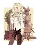  annie_berton bird blonde_hair long_hair matsuda_(matsukichi) original pants solo tori_(matsuda_(matsukichi)) 