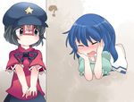  ? blue_eyes blue_hair blush closed_eyes commentary dress hair_ornament hair_rings hair_stick hammer_(sunset_beach) hands_on_own_face hat kaku_seiga looking_at_another miyako_yoshika multiple_girls ofuda open_mouth outstretched_arms shawl short_hair stuck through_wall touhou vest wavy_mouth 