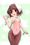  alternate_costume animal_ears bare_arms bare_shoulders brown_hair brown_legwear bunny_ears bunny_girl bunnysuit detached_collar inaba_tewi leotard open_mouth pantyhose pink_leotard red_eyes smile solo star touhou wrist_cuffs yanmarson 