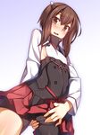  bike_shorts blush brown_eyes brown_hair cameltoe flat_chest highres kantai_collection looking_at_viewer open_mouth racer_(magnet) short_hair skirt skirt_lift solo taihou_(kantai_collection) wavy_mouth 