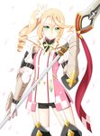  alisha_diphda armor blonde_hair boots drill_hair gloves green_eyes highres long_hair petals polearm shorts side_ponytail smile solo spear tales_of_(series) tales_of_zestiria utakata_masara weapon white_background 