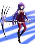  alternate_costume bare_shoulders boots choker detached_sleeves dress halterneck haqua_d'rot_herminium highres kami_nomi_zo_shiru_sekai knee_boots long_hair okinaga purple_hair red_eyes red_legwear red_skirt revision scythe short_dress skirt solo thighhighs zettai_ryouiki 