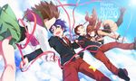  2girls bad_id bad_pixiv_id blazer blue_hair brown_hair cloud day falling green_eyes happy_birthday jacket long_hair maruishi mawaru_penguindrum multiple_boys multiple_girls natsume_masako necktie oginome_ringo ribbon school_uniform serafuku short_hair sky takakura_kanba takakura_shouma 