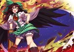  arm_cannon black_hair black_legwear black_wings bloomers bow ga_rune_pose hair_bow hand_on_hip large_wings long_hair open_mouth red_eyes reiuji_utsuho skirt solo taketora_suzume third_eye touhou underwear weapon wings 