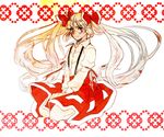  adapted_costume alternate_hairstyle bow fujiwara_no_mokou hair_bow hawai-tari red_eyes seiza sitting skirt suspenders touhou twintails white_hair 
