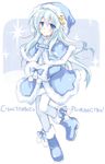  blue blue_eyes boots capelet hammer_and_sickle hibiki_(kantai_collection) hizuki_yayoi kantai_collection long_hair looking_at_viewer merry_christmas russian silver_hair skirt solo star translated very_long_hair white_legwear 