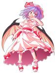  alphes_(style) bat_wings blue_hair bow dairi dress frilled_dress frills full_body hat hat_bow mob_cap parody pink_dress red_bow red_eyes red_ribbon remilia_scarlet ribbon short_hair solo style_parody touhou transparent_background wings 