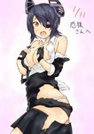  black_hair covering covering_breasts eyepatch fang hideyuki_i highres kantai_collection looking_at_viewer panties shirt short_hair skirt solo tenryuu_(kantai_collection) torn_clothes torn_shirt torn_skirt underwear yellow_eyes 