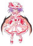  alphes_(style) bat_wings blue_hair bow closed_eyes dairi dress fang frilled_dress frills full_body hat hat_bow open_mouth parody red_bow red_ribbon remilia_scarlet ribbon short_hair solo style_parody tears torn_clothes touhou transparent_background wings 