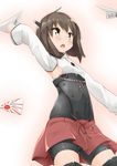  arm_up bike_shorts blush brown_eyes brown_hair headband headgear kantai_collection open_mouth paper_airplane rising_sun short_hair skirt solo sunburst taihou_(kantai_collection) thighhighs tousaki_shiina 