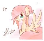  equine feathers female fluttershy_(mlp) friendship_is_magic fur hair hair_over_eye horse long_hair mammal my_little_pony pegasus pink_hair plain_background pony signature solo star strangemoose white_background wings yellow_fur 