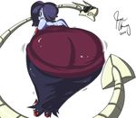  2013 absurdres ass ass_shake bare_shoulders biting blue_hair blue_skin dat_ass dated detached_collar detached_sleeves gold_teeth hair_over_one_eye highres huge_ass leviathan_(skullgirls) lip_biting long_hair long_skirt looking_back meme no_shoes radlionheart red_eyes red_legwear side_ponytail signature simple_background skirt skullgirls solo squigly_(skullgirls) stitched_mouth stitches striped striped_legwear striped_sleeves sunglasses white_background zombie 