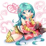  green_hair heart heart_background horns kasumi_miruchi lace lace-trimmed_panties lace-trimmed_thighhighs long_hair lum panties solo thighhighs underwear urusei_yatsura 