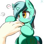  blush cutie_mark disembodied_hand equine female feral friendship_is_magic fur green_fur hair hand horn horse human licking lyra_(mlp) lyra_heartstrings_(mlp) mammal my_little_pony open_mouth pony ranban smile tongue tongue_out two_tone_hair unicorn yellow_eyes 