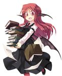  bat_wings black_dress book book_stack carrying dress falling flying_paper flying_sweatdrops head_wings holding holding_book juliet_sleeves koakuma long_hair long_sleeves necktie open_mouth paper puffy_sleeves red_eyes red_hair satou_kibi shirt simple_background solo touhou very_long_hair white_background wide-eyed wings 