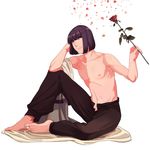  barefoot flower full_body lyxu male_focus one_eye_closed pants purple_eyes purple_hair red_flower red_rose rose scratches shirtless sitting slayers smile solo white_background xelloss 