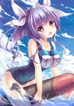  blue_sky blush breasts cannon cleavage cloud collarbone day hair_ribbon i-19_(kantai_collection) kantai_collection large_breasts long_hair looking_at_viewer one-piece_swimsuit open_mouth purple_eyes purple_hair ribbon school_swimsuit sky solo swimsuit torpedo yuriko 