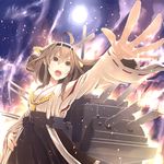  bare_shoulders blush brown_hair cannon detached_sleeves double_bun full_moon hair_ornament hairband headgear japanese_clothes kantai_collection kongou_(kantai_collection) long_hair moon night night_sky nontraditional_miko open_mouth skirt sky smoke solo soratoa turret water 