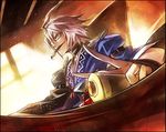  banned_artist bow brush buckle choker glasses kozou_(soumuden) long_sleeves looking_at_viewer male_focus morichika_rinnosuke parchment puffy_sleeves silver_hair solo touhou v wide_sleeves window yellow_eyes 