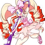  :d big_hair blonde_hair blue_eyes bow character_name curly_hair drill_hair eyepatch hair_bow harime_nui kill_la_kill long_hair open_mouth pink_bow pink_skirt scissor_blade skirt smile sokutenkun solo spoilers twin_drills twintails wrist_cuffs 