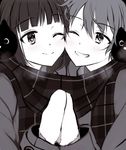  cheek-to-cheek grin hands_together highres multiple_girls one_eye_closed scarf shared_scarf smile takeuchi_aya 