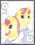  cardstock duo equine five flam_(mlp) flim_(mlp) friendship_is_magic hair horn horse mammal my_little_pony playing_card pony red_hair smile spade the1king unicorn 