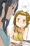  2girls =_= akiyama_mio black_eyes black_hair blush_stickers brown_hair expressionless fukutarou_(enji127) hairband hand_on_own_cheek hard_translated k-on! long_hair multiple_girls pencil profile short_hair tainaka_ritsu translated yuri 