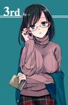  black_hair blue_eyes blush breasts glasses large_breasts looking_at_viewer original plaid plaid_skirt ribbed_sweater simple_background skirt solo sweater takeuchi_aya turtleneck 