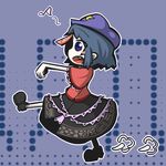  bad_id bad_pixiv_id blouse blue_eyes blue_hair chinese_clothes fang hat inunoko. leg_up miyako_yoshika musical_note open_mouth outstretched_arms pale_skin patterned_background profile purple_background short_hair skirt solo star touhou walking zombie_pose 