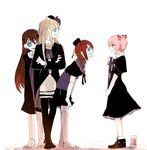  alternate_costume barefoot bent_over black_dress blonde_hair blue_eyes brown_hair clara_dolls_(madoka_magica) dress eye_contact from_side funeral_dress hair_ribbon hands_together hanyae kaname_madoka looking_at_another magical_girl mahou_shoujo_madoka_magica mahou_shoujo_madoka_magica_movie multiple_girls pantyhose pink_hair puffy_short_sleeves puffy_sleeves red_ribbon ribbon ringed_eyes short_sleeves simple_background smile spool twintails v_arms veil white_background 