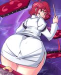  2013 ass cloud cloudy_sky curvy drum drumsticks grin highres horikawa_raiko huge_ass instrument looking_back naughty_face radlionheart raised_eyebrows red_eyes red_hair short_hair signature sky smile solo thighs touhou wide_hips 