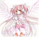 bad_id bad_pixiv_id bow dress fina_(sa47rin5) gloves hair_bow hands_clasped kaname_madoka long_hair mahou_shoujo_madoka_magica own_hands_together pink_hair simple_background smile solo spoilers traditional_media two_side_up ultimate_madoka watercolor_(medium) white_background wings yellow_eyes 