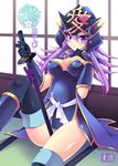  armor black_legwear blue_eyes blush boots breasts cover cover_page covered_nipples gloves helmet knee_boots long_hair magical_halloween medium_breasts naoe_(magical_halloween) no_panties purple_hair rating shoulder_pads sitting solo sword thighhighs tokinon weapon 