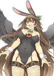  akagashi_hagane animal_ears bad_id bad_pixiv_id black_wings brown_eyes brown_hair bunny_ears bunny_girl bunnysuit cameltoe fake_animal_ears fishnet_legwear fishnets garter_straps leotard open_mouth reiuji_utsuho simple_background smile solo thighhighs third_eye touhou white_background wings wrist_cuffs 