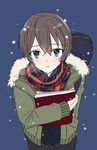  blue_eyes blush brown_hair from_above looking_at_viewer looking_up plaid plaid_scarf scarf short_hair simple_background solo takeuchi_aya 