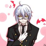  ahoge alternate_costume arm_belt bat butler dated dress_shirt drop_shadow formal glasses gloves hand_on_own_chest homura_(silver_blaze) looking_at_viewer male_focus morichika_rinnosuke necktie parted_lips semi-rimless_eyewear shadow shirt simple_background sketch solo suit sweatdrop touhou two-tone_background under-rim_eyewear white_hair yellow_eyes 