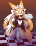  amber_eyes big_tail blonde_hair blush bow breasts cat cleavage clothed clothing dress feline female gloves hair heels high_heels legwear long_hair looking_at_viewer maid maid_uniform mammal nancher orange_skin smile solo stockings sword tibleam tray unknown_species weapon yellow_skin 