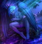  blue_eyes blue_hair blue_skin breasts crown female friendship_is_magic hair hi_res human humanized jakneurotic kevinsano mammal moonlight mountain my_little_pony navel night princess_luna_(mlp) pussy sitting solo stars stream tree vest_(artist) wet wings 